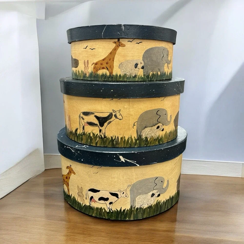 Vintage Hand-painted Nesting‎ Box 3 PC Set With Animals Nursery Farmhouse Decor
